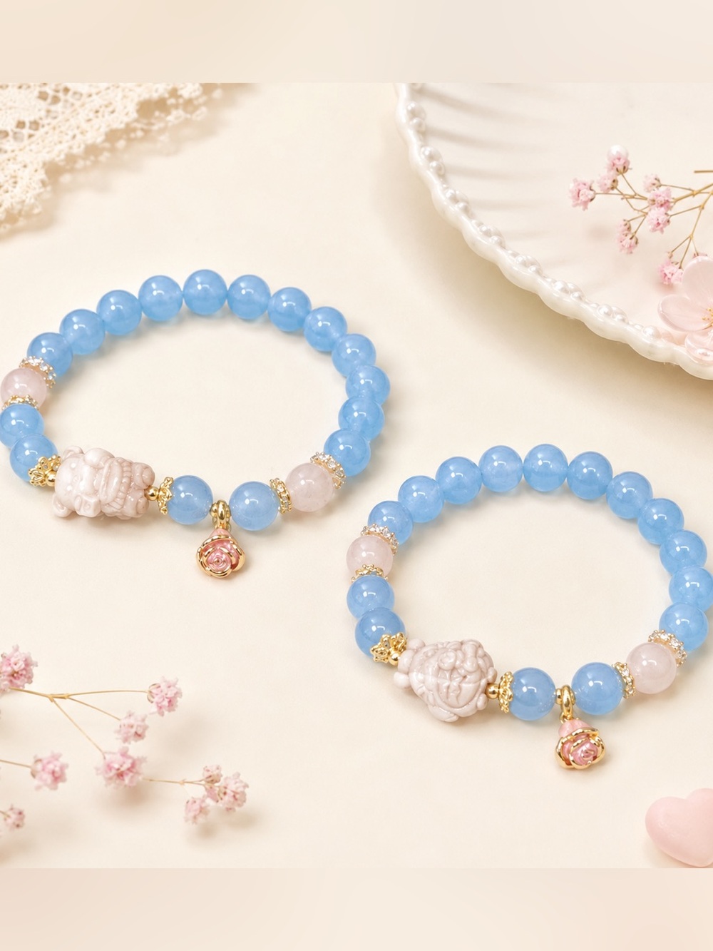 Handmade Blue Chalcedony Bracelet with Cute Alashan Agate stone charm 10mm